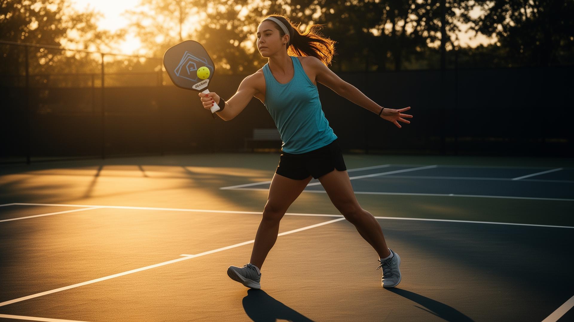 Pickleball player mid-swing
